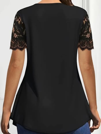 2025 Transfrontaliere Primăvară/Vară Europeană și Americană Nouă Îmbrăcăminte pentru femei Culoare Solidă Dantelă Mânecă Scurtă Guler Rotund T-Shirt