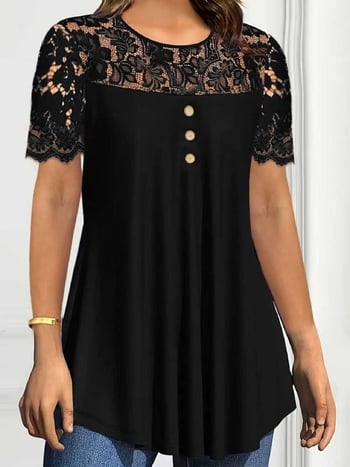 2025 Transfrontaliere Primăvară/Vară Europeană și Americană Nouă Îmbrăcăminte pentru femei Culoare Solidă Dantelă Mânecă Scurtă Guler Rotund T-Shirt