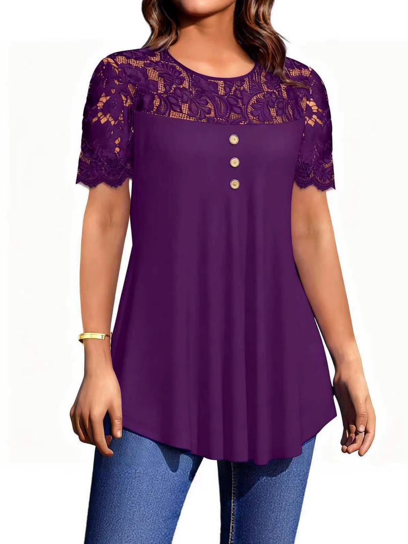 2025 Transfrontaliere Primăvară/Vară Europeană și Americană Nouă Îmbrăcăminte pentru femei Culoare Solidă Dantelă Mânecă Scurtă Guler Rotund T-Shirt