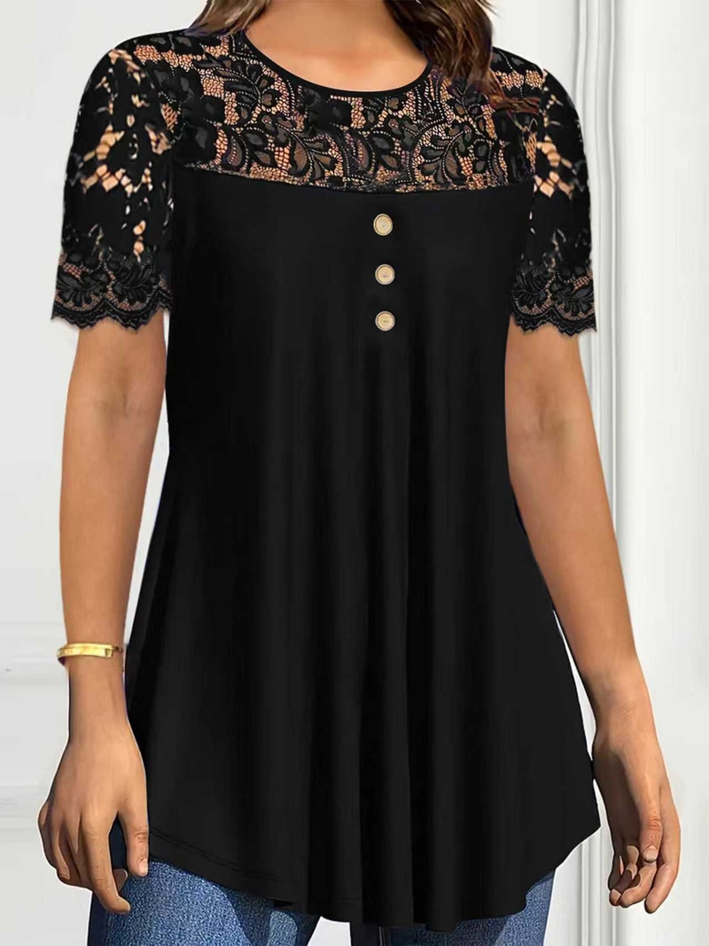 2025 Transfrontaliere Primăvară/Vară Europeană și Americană Nouă Îmbrăcăminte pentru femei Culoare Solidă Dantelă Mânecă Scurtă Guler Rotund T-Shirt