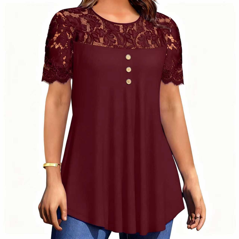 2025 Transfrontaliere Primăvară/Vară Europeană și Americană Nouă Îmbrăcăminte pentru femei Culoare Solidă Dantelă Mânecă Scurtă Guler Rotund T-Shirt