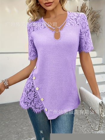 Tricou elegant casual pentru femei, la modă primăvară/vară, cu dantelă tricotată și broderie, culoare uni, guler rotund, mânecă scurtă, versiune lungă pentru femei