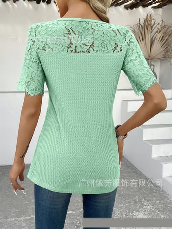 Tricou elegant casual pentru femei, la modă primăvară/vară, cu dantelă tricotată și broderie, culoare uni, guler rotund, mânecă scurtă, versiune lungă pentru femei