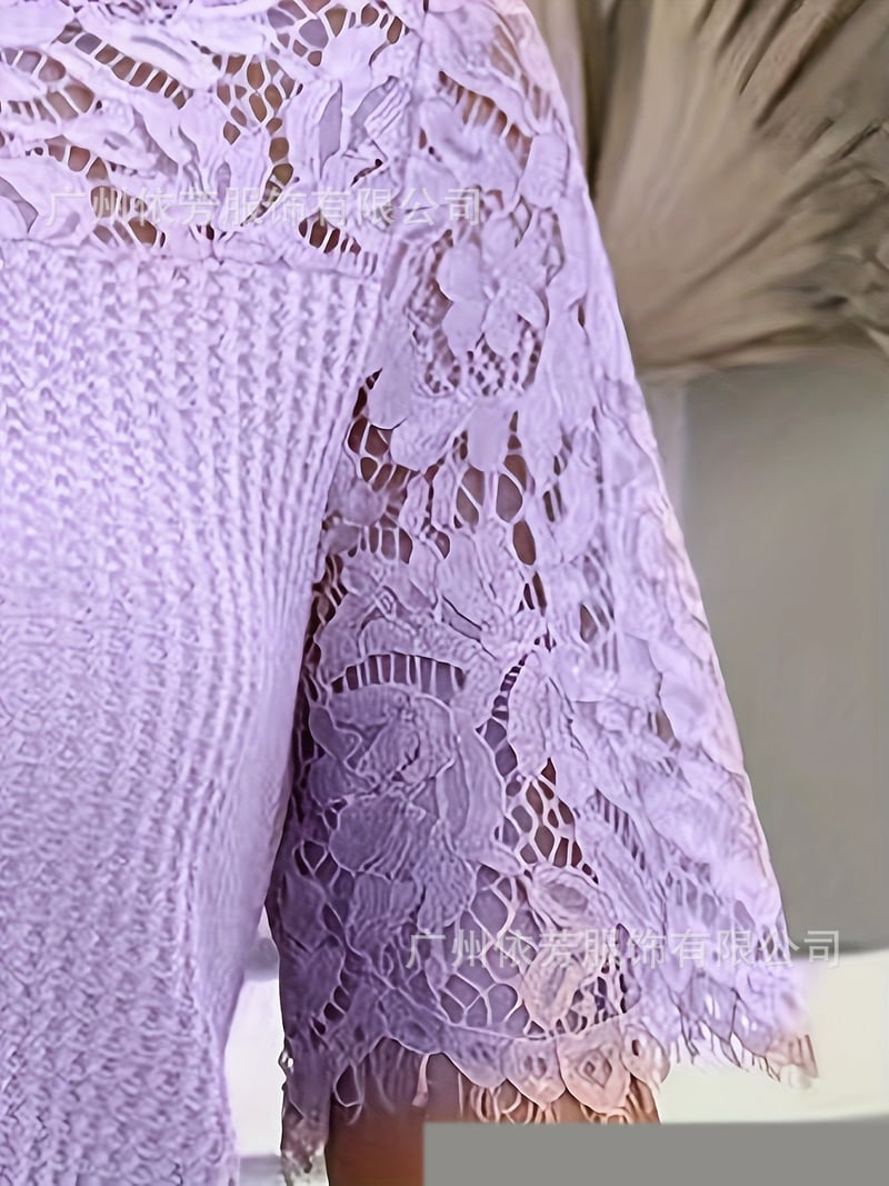 Tricou elegant casual pentru femei, la modă primăvară/vară, cu dantelă tricotată și broderie, culoare uni, guler rotund, mânecă scurtă, versiune lungă pentru femei