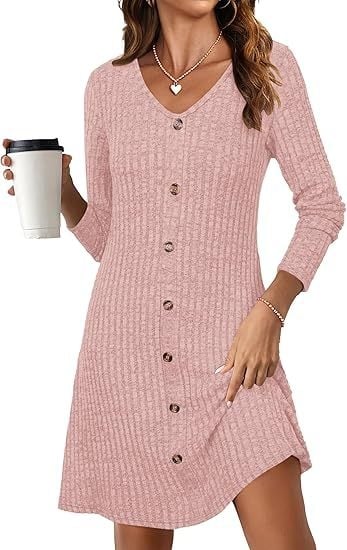 Есенна нова дамска рокля с V-образно деколте и дълъг ръкав, едноредна плетена рокля за 2024 г.