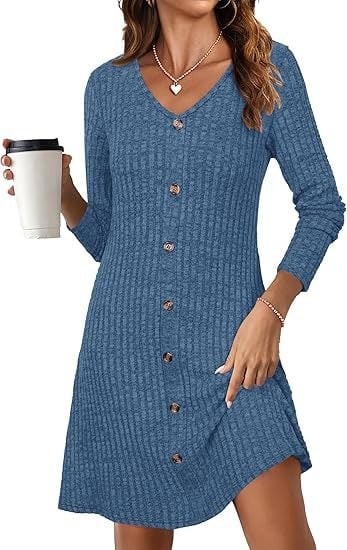 Есенна нова дамска рокля с V-образно деколте и дълъг ръкав, едноредна плетена рокля за 2024 г.