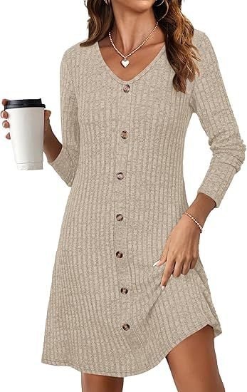 Есенна нова дамска рокля с V-образно деколте и дълъг ръкав, едноредна плетена рокля за 2024 г.