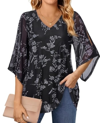 Női ing, alkalmi és hétköznapi nyári sifon blúz 3/4-es ujjakkal, üzleti ing, kétrétegű