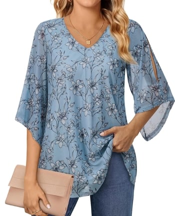 Női ing, alkalmi és hétköznapi nyári sifon blúz 3/4-es ujjakkal, üzleti ing, kétrétegű