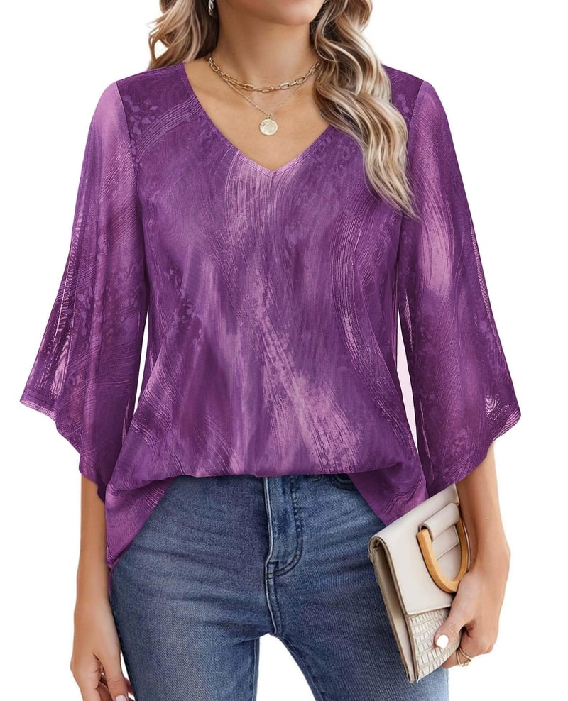 Női ing, alkalmi és hétköznapi nyári sifon blúz 3/4-es ujjakkal, üzleti ing, kétrétegű