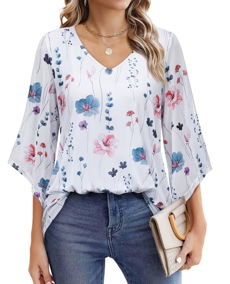 Női ing, alkalmi és hétköznapi nyári sifon blúz 3/4-es ujjakkal, üzleti ing, kétrétegű