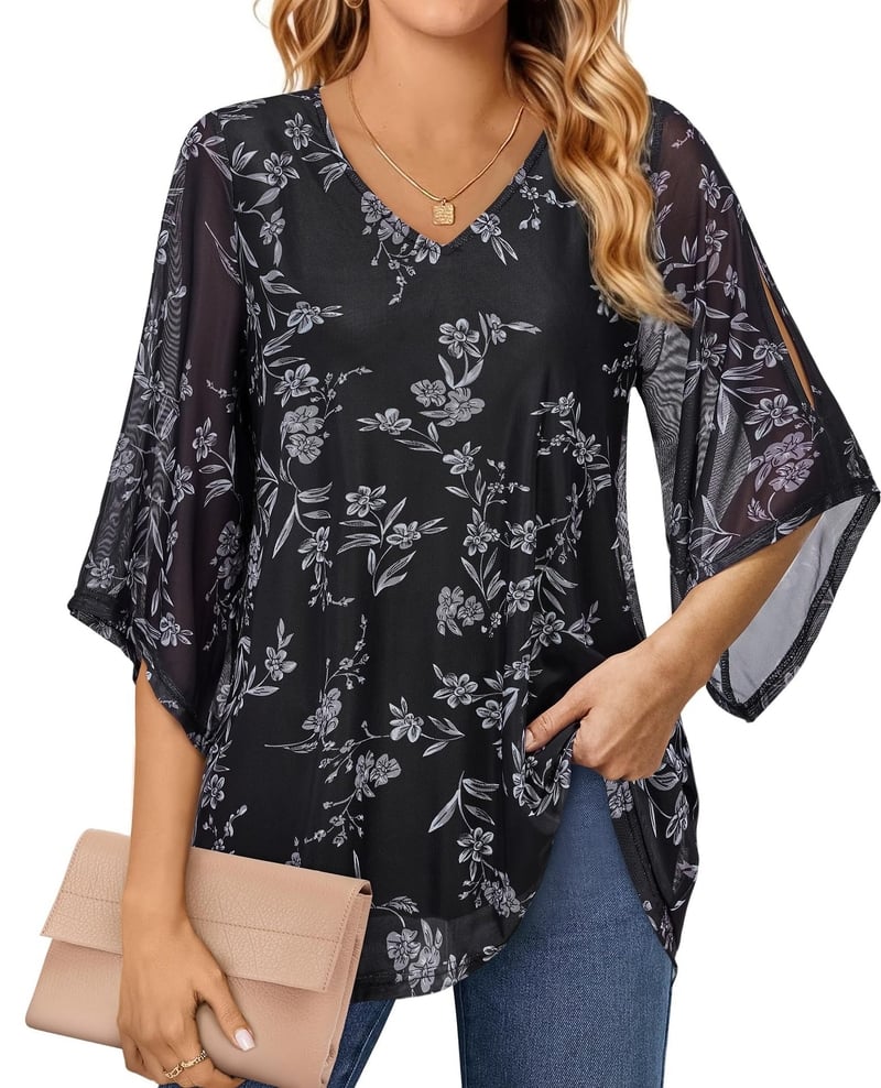 Női ing, alkalmi és hétköznapi nyári sifon blúz 3/4-es ujjakkal, üzleti ing, kétrétegű