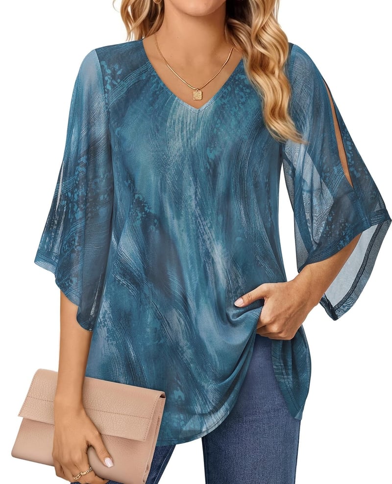 Női ing, alkalmi és hétköznapi nyári sifon blúz 3/4-es ujjakkal, üzleti ing, kétrétegű