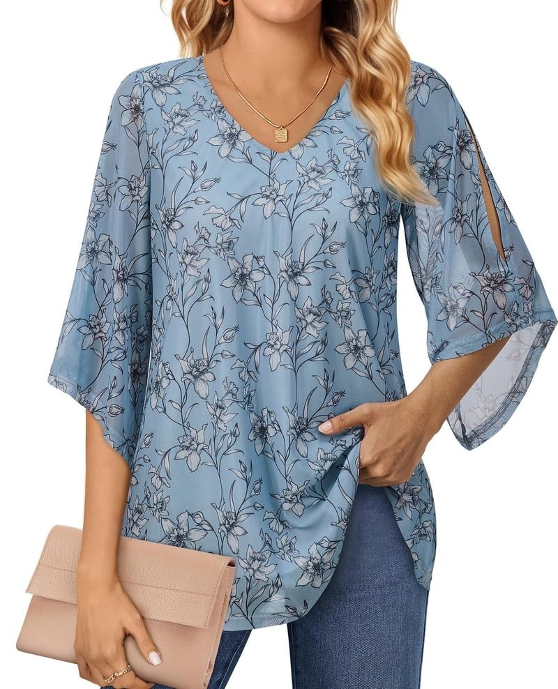 Női ing, alkalmi és hétköznapi nyári sifon blúz 3/4-es ujjakkal, üzleti ing, kétrétegű