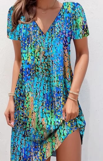 Dámske tričkové šaty, ležérne letné minišaty s kvetinovou potlačou, výstrih do V, krátke rukávy na každý deň