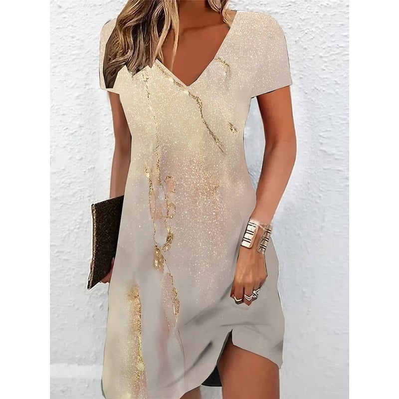 Dámske tričkové šaty, ležérne letné minišaty s kvetinovou potlačou, výstrih do V, krátke rukávy na každý deň