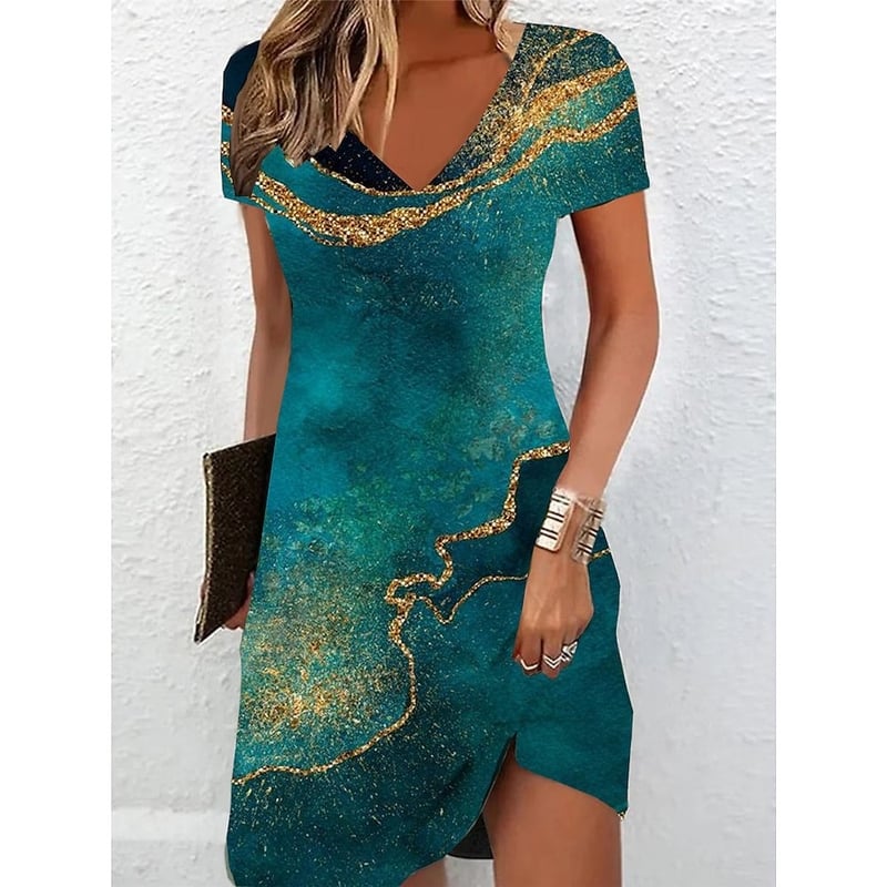 Dámske tričkové šaty, ležérne letné minišaty s kvetinovou potlačou, výstrih do V, krátke rukávy na každý deň