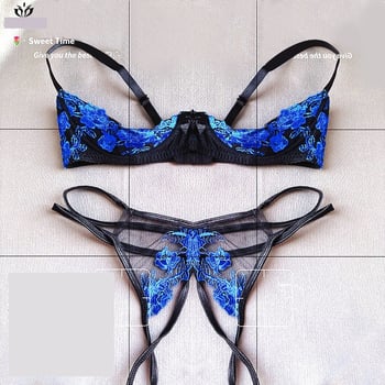 Sexy luxusná podprsenka s vyšívanou kosticou a odhalenými prsiami, bikiny bez rozkroku, uniforma