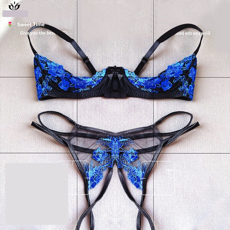 Sexy luxusná podprsenka s vyšívanou kosticou a odhalenými prsiami, bikiny bez rozkroku, uniforma