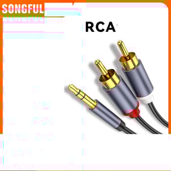 Veľkoobchodný predajný 3,5 mm 1-na-2 rozbočovací duálny RCA reproduktorový kábel na pripojenie reproduktorov, počítačov a mobilných telefónov.