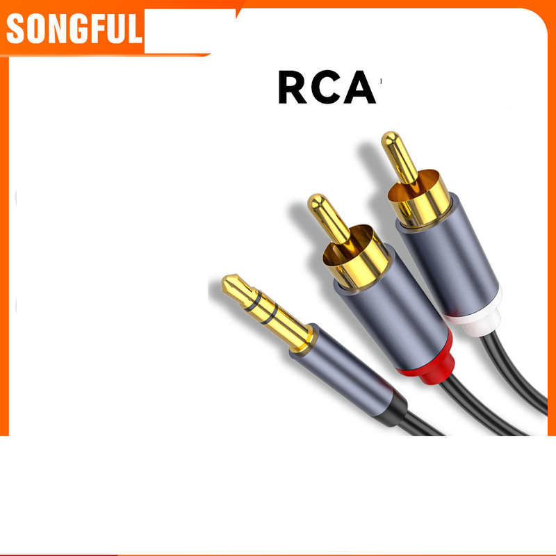 Veľkoobchodný predajný 3,5 mm 1-na-2 rozbočovací duálny RCA reproduktorový kábel na pripojenie reproduktorov, počítačov a mobilných telefónov.