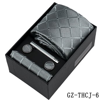 Európai stílusú üzleti nyakkendő, zsebkendő, mandzsettagombok, 4 darabos ajándékkészlet, egyszínű kockás, kézzel kötött hosszú nyakkendő, Sencsouban kapható.