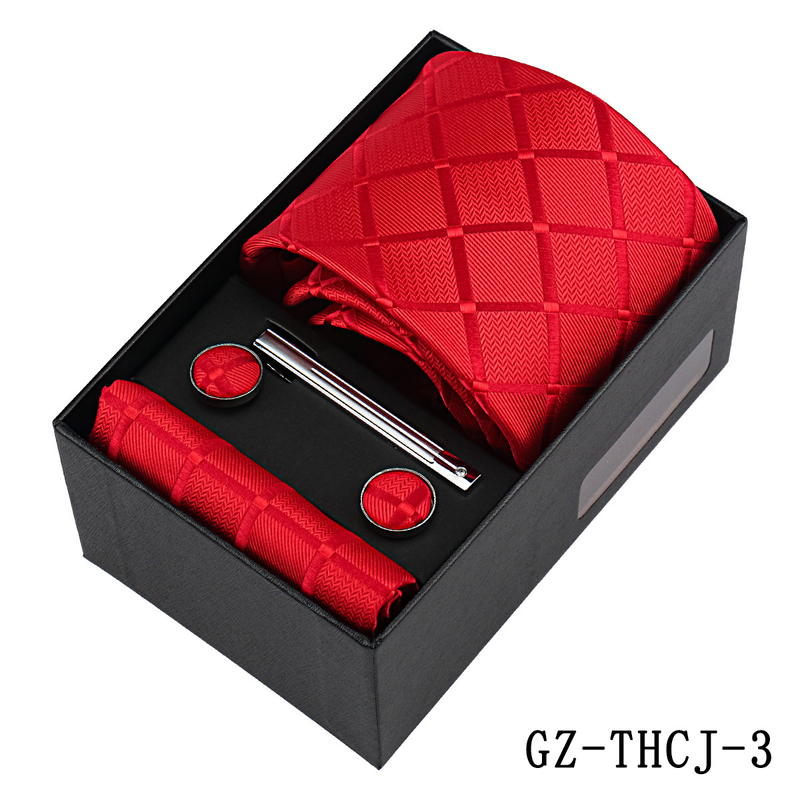 Európai stílusú üzleti nyakkendő, zsebkendő, mandzsettagombok, 4 darabos ajándékkészlet, egyszínű kockás, kézzel kötött hosszú nyakkendő, Sencsouban kapható.