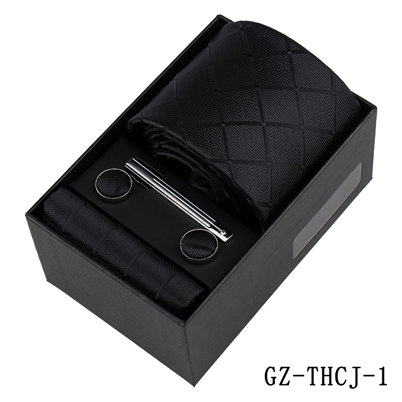 Európai stílusú üzleti nyakkendő, zsebkendő, mandzsettagombok, 4 darabos ajándékkészlet, egyszínű kockás, kézzel kötött hosszú nyakkendő, Sencsouban kapható.