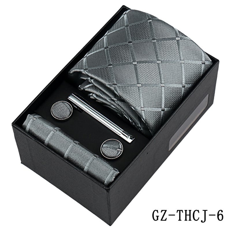 Európai stílusú üzleti nyakkendő, zsebkendő, mandzsettagombok, 4 darabos ajándékkészlet, egyszínű kockás, kézzel kötött hosszú nyakkendő, Sencsouban kapható.