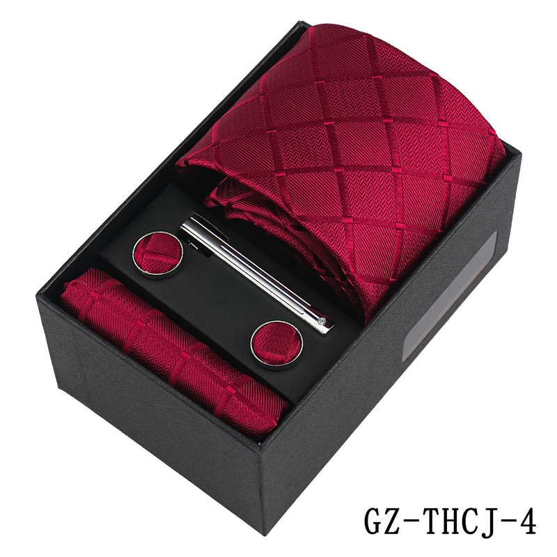 Európai stílusú üzleti nyakkendő, zsebkendő, mandzsettagombok, 4 darabos ajándékkészlet, egyszínű kockás, kézzel kötött hosszú nyakkendő, Sencsouban kapható.