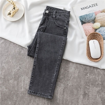 Női egyenes szárú farmer, új őszi-téli modell, kékesszürke, koreai fazon, magas derekú, szűk, sokoldalú, vékony, rugalmas, rövid, cigarettanadrág