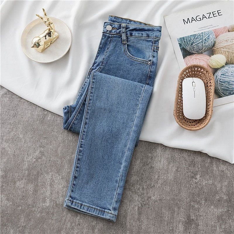 Női egyenes szárú farmer, új őszi-téli modell, kékesszürke, koreai fazon, magas derekú, szűk, sokoldalú, vékony, rugalmas, rövid, cigarettanadrág