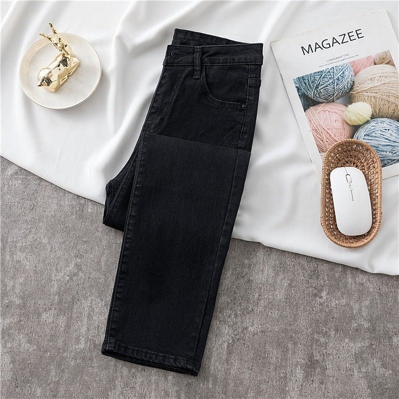 Női egyenes szárú farmer, új őszi-téli modell, kékesszürke, koreai fazon, magas derekú, szűk, sokoldalú, vékony, rugalmas, rövid, cigarettanadrág