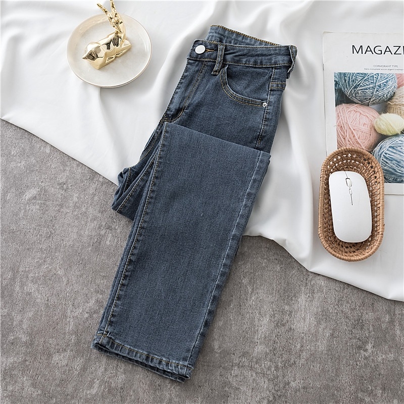 Női egyenes szárú farmer, új őszi-téli modell, kékesszürke, koreai fazon, magas derekú, szűk, sokoldalú, vékony, rugalmas, rövid, cigarettanadrág
