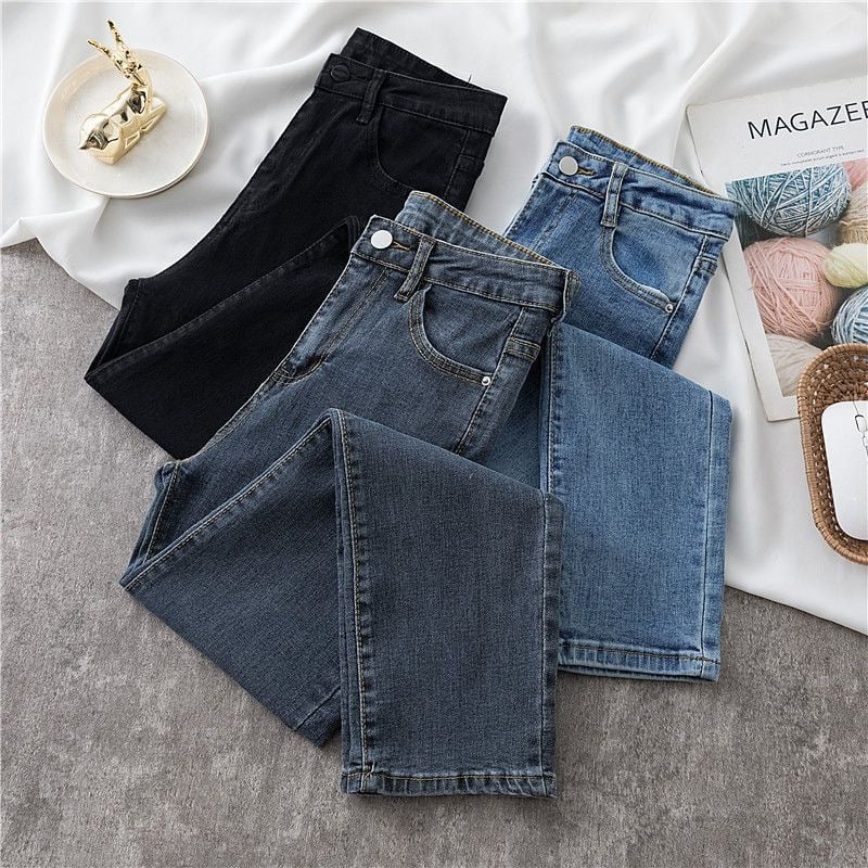 Női egyenes szárú farmer, új őszi-téli modell, kékesszürke, koreai fazon, magas derekú, szűk, sokoldalú, vékony, rugalmas, rövid, cigarettanadrág