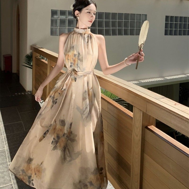 Új kínai stílusú, pántnélküli sifon ruha, gyönyörű és elegáns, derekát szűkítő, váll nélküli, kínai nemzeti stílusú ünnepi ruha