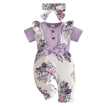 Gyerek rövid ujjú virágmintás overál kisgyermekeknek, őszi/téli, bordázott virágmintás felsőrésszel és ujjakkal európai és amerikai stílusban, mintás overál