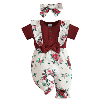 Gyerek rövid ujjú virágmintás overál kisgyermekeknek, őszi/téli, bordázott virágmintás felsőrésszel és ujjakkal európai és amerikai stílusban, mintás overál