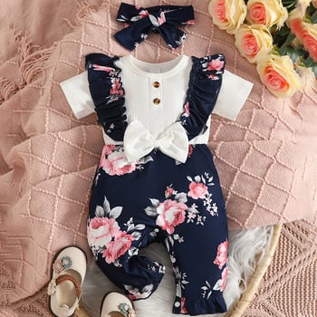 Gyerek rövid ujjú virágmintás overál kisgyermekeknek, őszi/téli, bordázott virágmintás felsőrésszel és ujjakkal európai és amerikai stílusban, mintás overál