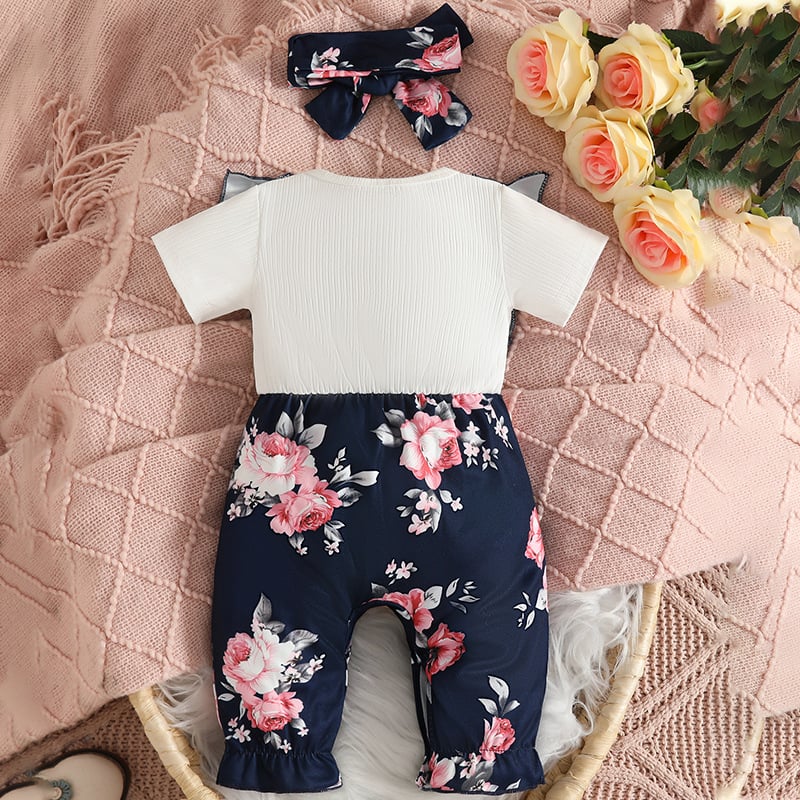 Gyerek rövid ujjú virágmintás overál kisgyermekeknek, őszi/téli, bordázott virágmintás felsőrésszel és ujjakkal európai és amerikai stílusban, mintás overál