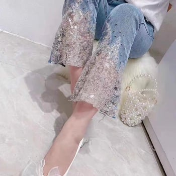 Jie Caiyin női magas derekú, gyöngyös farmer, új stílus 2025, mosott, édes szabású, rugalmas, rövid