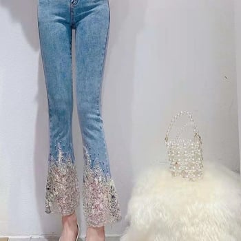 Jie Caiyin női magas derekú, gyöngyös farmer, új stílus 2025, mosott, édes szabású, rugalmas, rövid