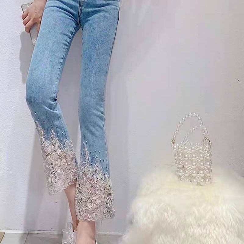 Jie Caiyin női magas derekú, gyöngyös farmer, új stílus 2025, mosott, édes szabású, rugalmas, rövid