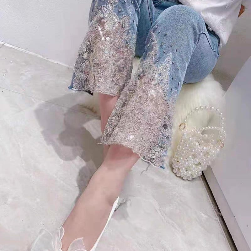 Jie Caiyin női magas derekú, gyöngyös farmer, új stílus 2025, mosott, édes szabású, rugalmas, rövid