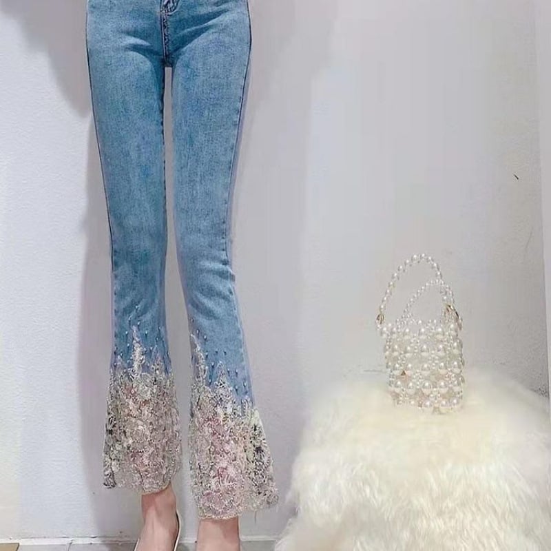 Jie Caiyin női magas derekú, gyöngyös farmer, új stílus 2025, mosott, édes szabású, rugalmas, rövid