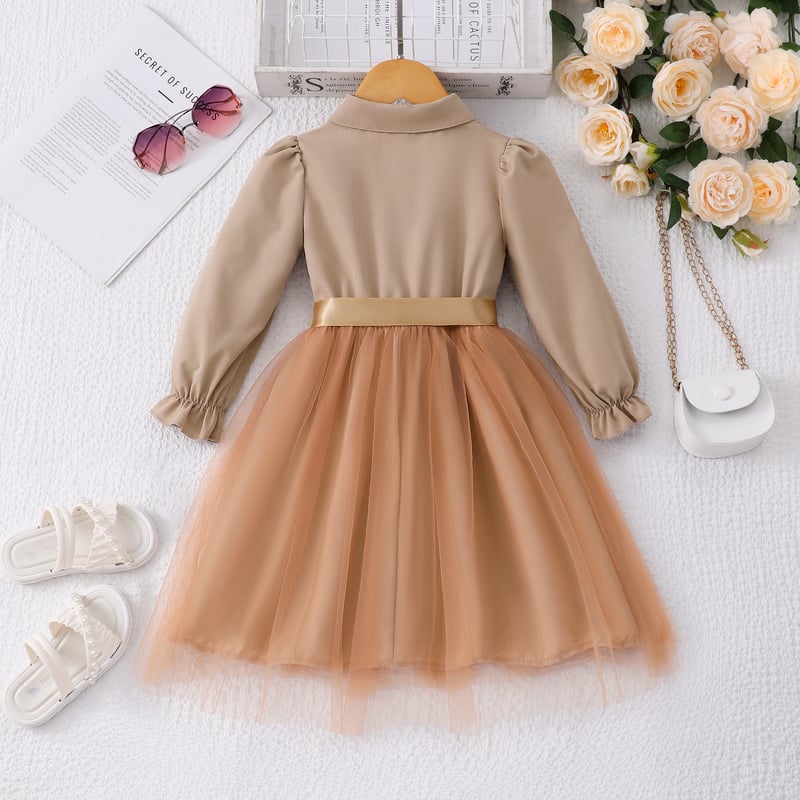 Νέο, διασυνοριακό, μοντέρνο φόρεμα φθινοπώρου-χειμώνα με μακριά μανίκια, γιακά και μέση, ύφασμα mesh, patchwork