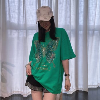 Дамска тениска с къс ръкав, свободна кройка, обло деколте и декорация с кристали, идеална за лятото, стягаща, изработена от чист памук, с полуръкав.