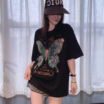 Дамска тениска с къс ръкав, свободна кройка, обло деколте и декорация с кристали, идеална за лятото, стягаща, изработена от чист памук, с полуръкав.