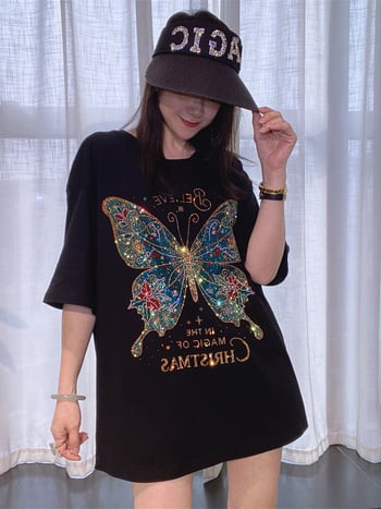 Дамска тениска с къс ръкав, свободна кройка, обло деколте и декорация с кристали, идеална за лятото, стягаща, изработена от чист памук, с полуръкав.