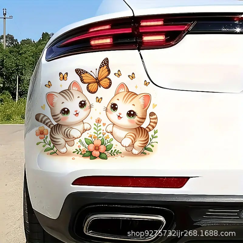 Сладки и успокояващи котки, играещи в цветя и пеперуди, стикери за електрически автомобили, електрически превозни средства и водоустойчиво стенно изкуство за домове и хладилници.